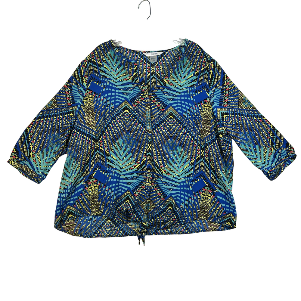 Peter Nygard Shirt Womens 20W Tunic Button Up Tie Hem Geometric Boho Top
